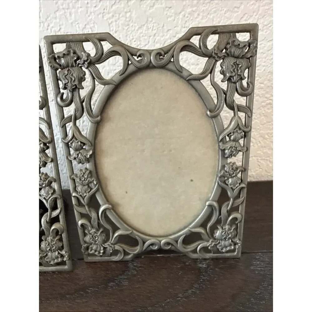 Vintage 2 5x7 Standing Picture Frame Silver Tone Metal Scroll